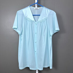 Vintage Vanity Fair Pajama Top Only Size Medium Nylon 90-107 Aqua Floral Shirt